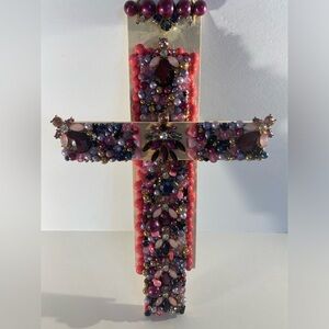 Wood Artisanal ✝️ w/Repurposed Jewelry Purple, Pink, Orange Hues